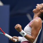 
              Caroline Garcia, of France, celebrates after defeating Alison Riske, of the United States, during the fourth round of the U.S. Open tennis championships, Sunday, Sept. 4, 2022, in New York. (AP Photo/Julia Nikhinson)
            