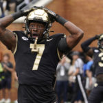 
              Wake Forest defensive back Gavin Holmes (7) reacts after being called for pass interference against Clemson during the first half of an NCAA college football game in Winston-Salem, N.C., Saturday, Sept. 24, 2022. (AP Photo/Chuck Burton)
            