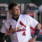 
              St. Louis Cardinals' Yadier Molina stands in the dugout after hitting his second home run of a baseball game against the Washington Nationals during the fourth inning Thursday, Sept. 8, 2022, in St. Louis. Molina also homered in the second. (AP Photo/Jeff Roberson)
            