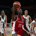 
              Canada's Laeticia Amihere prepares to shoot for goal during their game at the women's Basketball World Cup against France in Sydney, Australia, Friday, Sept. 23, 2022. (AP Photo/Mark Baker)
            