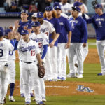 
              Members of the Los Angeles Dodgers congratulate each other after they defeated the Arizona Diamondbacks 5-2 in a baseball game Monday, Sept. 19, 2022, in Los Angeles. (AP Photo/Mark J. Terrill)
            