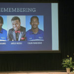 
              Indiana State University Student Government Association President Josie Angel observes a moment of silence with members of the audience for fellow students Christian Eubanks, Jayden Musili and Caleb VanHooser during a celebration of life for the three on Monday, Aug. 29, 2022, in Terre Haute, Ind. (Joseph C. Garza/The Tribune-Star via AP)
            