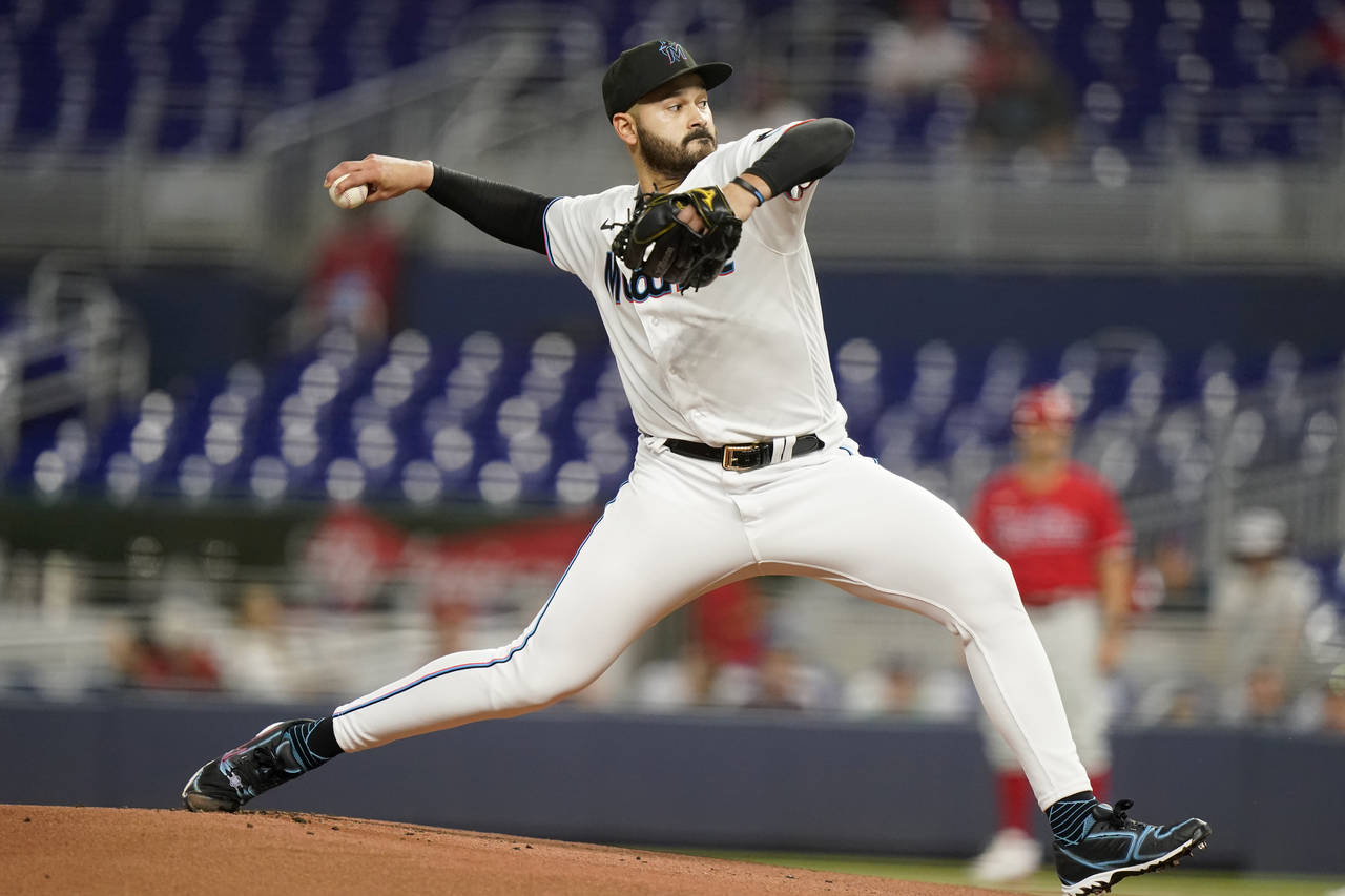 Miami Marlins starting pitcher Pablo Lopez throws during the first inning of the team's baseball ga...