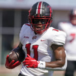 
              Western Kentucky wide receiver Malachi Corley (11) runs during the first half of an NCAA college football game against Indiana, Saturday, Sept. 17, 2022, in Bloomington, Ind. (AP Photo/Darron Cummings)
            
