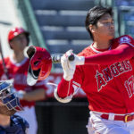 
              Los Angeles Angels designated hitter Shohei Ohtani, right, knocks off his helmet while fouling off a pitch next to Seattle Mariners catcher Curt Casali, left, during the fourth inning of a baseball game in Anaheim, Calif., Monday, Sept. 19, 2022. (AP Photo/Alex Gallardo)
            