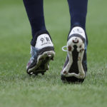
              New York Yankees center fielder Aaron Judge wears 9/11. cleats during baseball game against the Tampa Bay Rays on Sunday, Sept. 11, 2022, in New York. (AP Photo/Noah K. Murray)
            