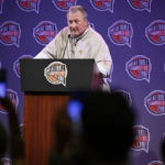 
              Basketball Hall of Fame Class of 2022 inductee Bob Huggins speaks at a news conference at Mohegan Sun, Friday, Sept. 9, 2022, in Uncasville, Conn. (AP Photo/Jessica Hill)
            