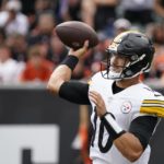 
              Pittsburgh Steelers quarterback Mitch Trubisky (10) throws during the second half of an NFL football game against the Cincinnati Bengals, Sunday, Sept. 11, 2022, in Cincinnati. (AP Photo/Joshua A. Bickel)
            