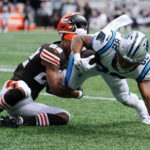 
              Carolina Panthers tight end Tommy Tremble is tackled at the goal line by Cleveland Browns safety Grant Delpit during the first half of an NFL football game on Sunday, Sept. 11, 2022, in Charlotte, N.C. (AP Photo/Jacob Kupferman)
            