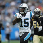 
              Carolina Panthers wide receiver Laviska Shenault Jr. (15) runs the ball down the field for 67 yards during the second half of an NFL football game against the New Orleans Saints, Sunday, Sept. 25, 2022, in Charlotte, N.C. (AP Photo/Rusty Jones)
            