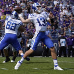 
              Duke quarterback Riley Leonard (13) looks to pass against Northwestern during the first half of an NCAA college football game, Saturday, Sept.10, 2022, in Evanston, Ill. (AP Photo/David Banks)
            