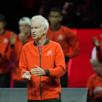 
              Team World's captain John McEnroe reacts during a match Team Europe's Casper Ruud against Team World's Jack Sock, on day one of the Laver Cup tennis tournament at the O2 in London, Friday, Sept. 23, 2022. (AP Photo/Kin Cheung)
            