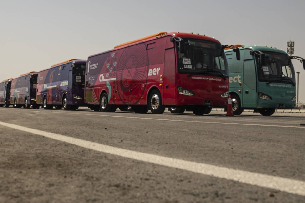 Buses are seen during a test run of massive bus fleet ahead of Qatar World Cup, in Doha, Qatar, Thu...