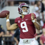 
              Alabama quarterback Bryce Young throws a pass during the first half of the team's NCAA college football game against Utah State, Saturday, Sept. 3, 2022, in Tuscaloosa, Ala. (AP Photo/Vasha Hunt)
            