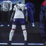 
              A new uniform, center, for the U.S. women's World Cup soccer team is displayed by Nike, Wednesday, Aug. 31, 2022, in New York. (AP Photo/Bebeto Matthews)
            