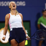 
              Victoria Azarenka, of Belarus, celebrates after winning a point against Karolina Pliskova, of the Czech Republic, during the fourth round of the U.S. Open tennis championships, Monday, Sept. 5, 2022, in New York. (AP Photo/Andres Kudacki)
            