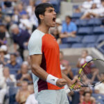 
              Carlos Alcaraz, of Spain, reacts during a match against Federico Coria, of Argentina, during the second round of the U.S. Open tennis championships, Thursday, Sept. 1, 2022, in New York. (AP Photo/Mary Altaffer)
            