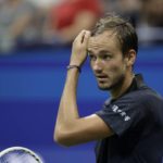 
              Daniil Medvedev, of Russia, reacts to his play against Nick Kyrgios, of Australia, during the fourth round of the U.S. Open tennis championships, Sunday, Sept. 4, 2022, in New York. (AP Photo/Adam Hunger)
            