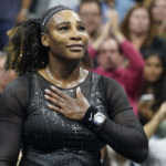 
              Serena Williams, of the United States, acknowledges the crowd after losing to Ajla Tomljanovic, of Austrailia, during the third round of the U.S. Open tennis championships, Friday, Sept. 2, 2022, in New York. (AP Photo/John Minchillo)
            