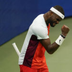 
              Frances Tiafoe, of the United States, reacts after winning a tie breaker against Andrey Rublev, of Russia, during the quarterfinals of the U.S. Open tennis championships, Wednesday, Sept. 7, 2022, in New York. (AP Photo/Seth Wenig)
            