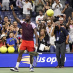 
              Frances Tiafoe, of the United States, acknowledges the crowd after losing to Carlos Alcaraz, of Spain, during the semifinals of the U.S. Open tennis championships, Friday, Sept. 9, 2022, in New York. (AP Photo/Charles Krupa)
            