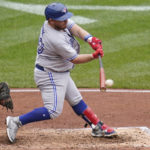 
              Toronto Blue Jays' Alejandro Kirk connects for a hit against the Pittsburgh Pirates during the seventh inning of a baseball game, Sunday, Sept. 4, 2022, in Pittsburgh. (AP Photo/Keith Srakocic)
            