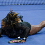 
              Serena Williams, of the United States, falls to the court during a match against Ajla Tomljanovic, of Austrailia, during the third round of the U.S. Open tennis championships, Friday, Sept. 2, 2022, in New York. (AP Photo/Frank Franklin II)
            