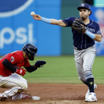 
              Tampa Bay Rays second baseman Jonathan Aranda throws to first after forcing out Cleveland Guardians' Andres Gimenez at second base but cannot throw out Gabriel Arias at first base during the second inning of a baseball game Thursday, Sept. 29, 2022, in Cleveland. (AP Photo/Ron Schwane)
            