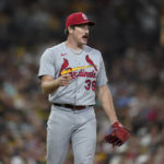 
              St. Louis Cardinals starting pitcher Miles Mikolas reacts during the fifth inning of the team's baseball game against the San Diego Padres, Wednesday, Sept. 21, 2022, in San Diego. (AP Photo/Gregory Bull)
            