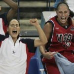 
              FILE - United States' Sue Bird, left, and Diana Taurasi, right, cheer from the bench near the end of the team's 66-62 victory against Russia in a women's basketball semifinal at the Olympic Games in Athens, Greece, Aug. 27, 2004. Bird captured two college national titles at UConn, four WNBA championships with the Seattle Storm and five Olympic gold medals with the U.S. (AP Photo/Elise Amendola, File)
            