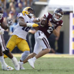 
              Mississippi State quarterback Will Rogers (2) is sacked by LSU defensive end BJ Ojulari (18) during the first half of an NCAA college football game in Baton Rouge, La., Saturday, Sept. 17, 2022. (AP Photo/Tyler Kaufman)
            