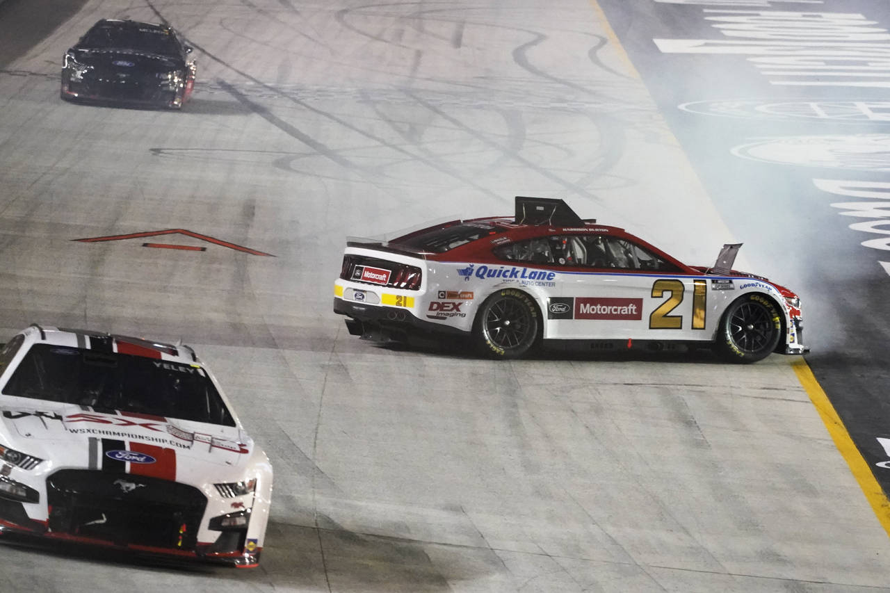 Harrison Burton (21) spins out during a NASCAR Cup Series auto race at Bristol Motor Speedway Satur...