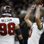 
              Tampa Bay Buccaneers place kicker Ryan Succop celebrates after a field goal against the New Orleans Saints during the first half of an NFL football game in New Orleans, Sunday, Sept. 18, 2022. (AP Photo/Butch Dill)
            
