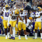 
              LSU wide receiver Jack Bech (80) celebrates after scoring a touchdown during the first half of the team's NCAA college football game against Southern University in Baton Rouge, La., Saturday, Sept. 10, 2022. (AP Photo/Tyler Kaufman)
            