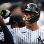 
              New York Yankees right fielder Aaron Judge (99) celebrates in the dugout after hitting a home run against the Minnesota Twins during the sixth inning of a baseball game Monday, Sept. 5, 2022, in New York. (AP Photo/Noah K. Murray)
            