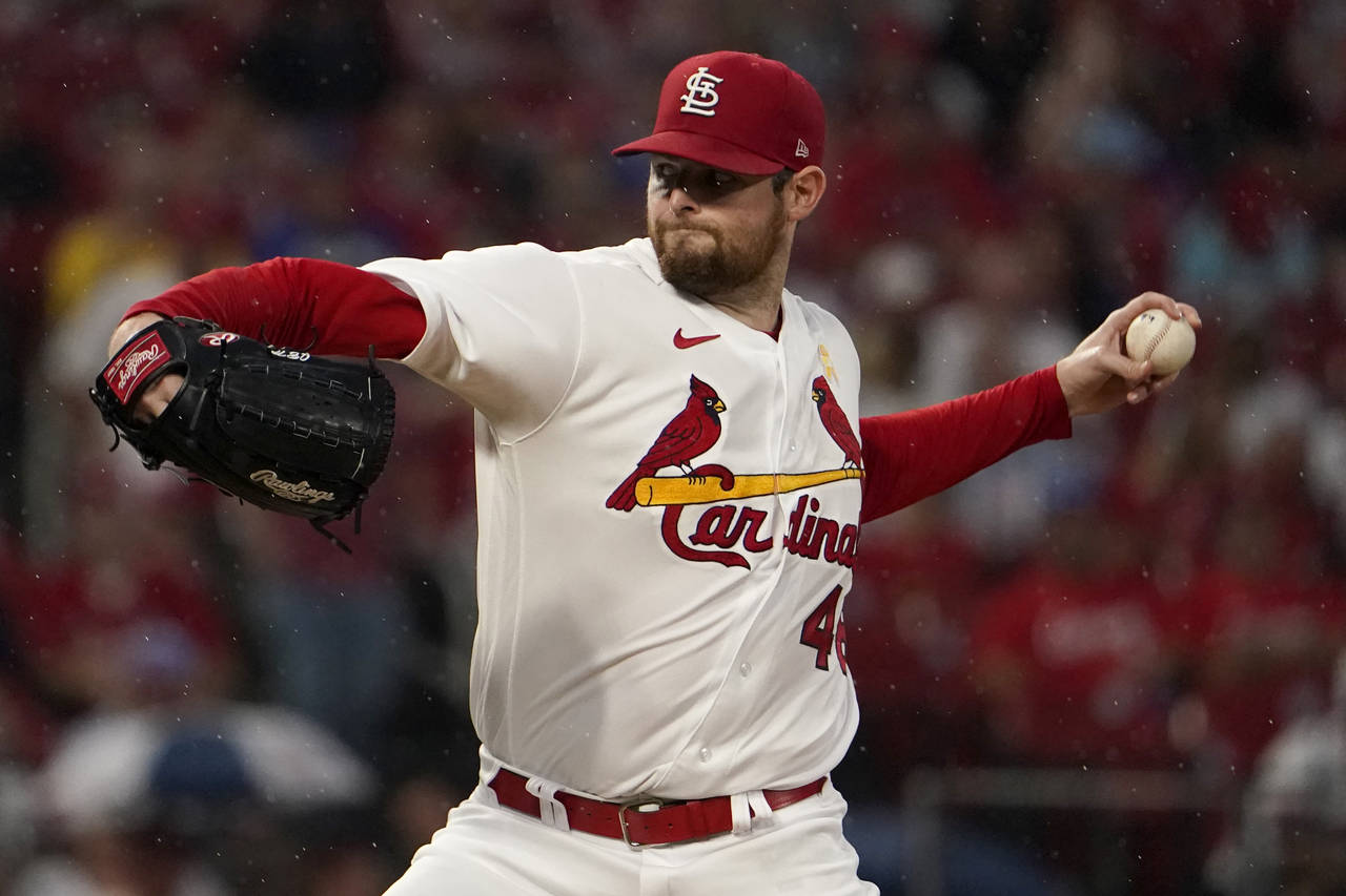 St. Louis Cardinals starting pitcher Jordan Montgomery throws during the first inning of a baseball...