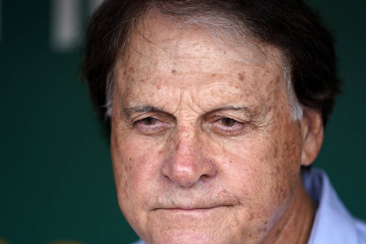 Chicago White Sox manager Tony La Russa talks to reporters in the dugout before a baseball game aga...