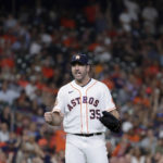 
              Houston Astros starting pitcher Justin Verlander reacts after striking out Arizona Diamondbacks' Pavin Smith with two on and the score tied, ending the top of the seventh inning of a baseball game Wednesday, Sept. 28, 2022, in Houston. (AP Photo/Michael Wyke)
            