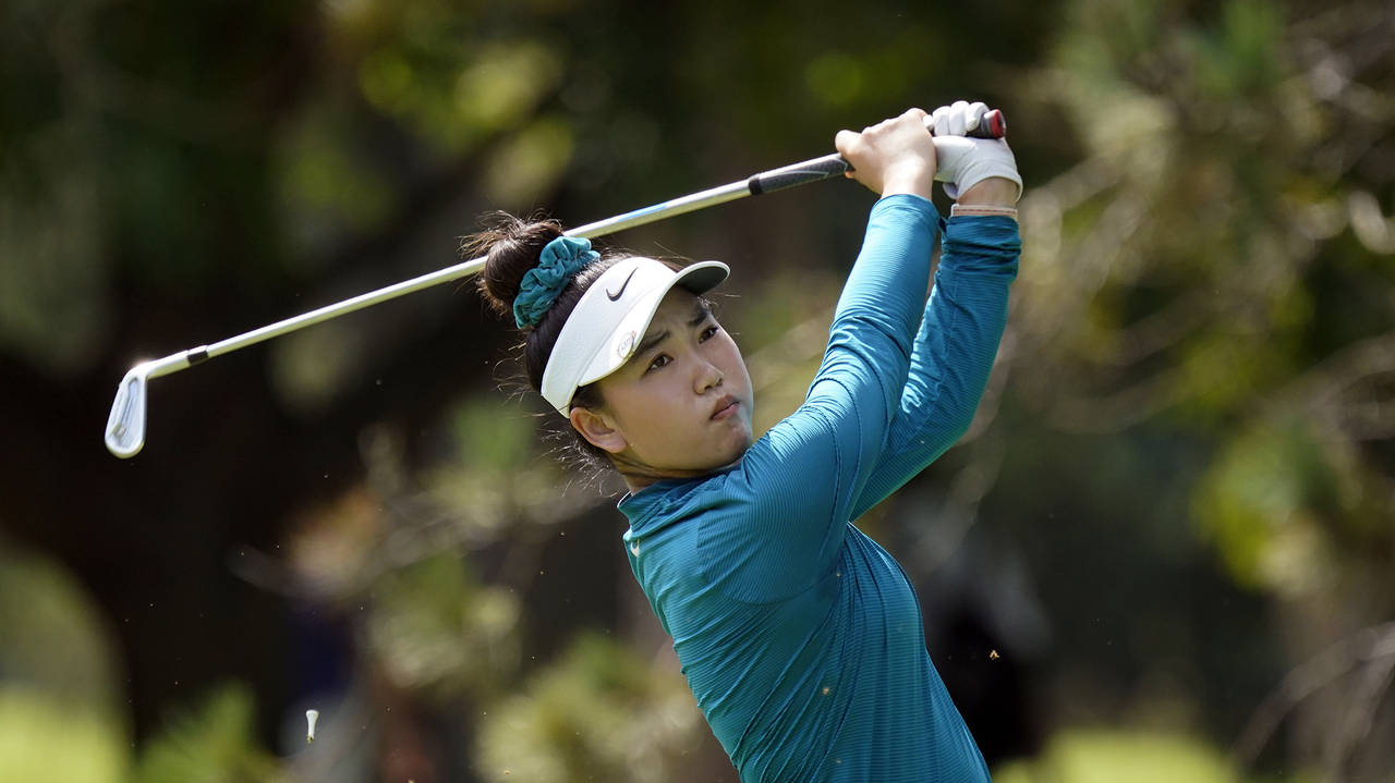 Lucy Li follows through on her tee shot on the second hole during the second round of the Dana Clas...