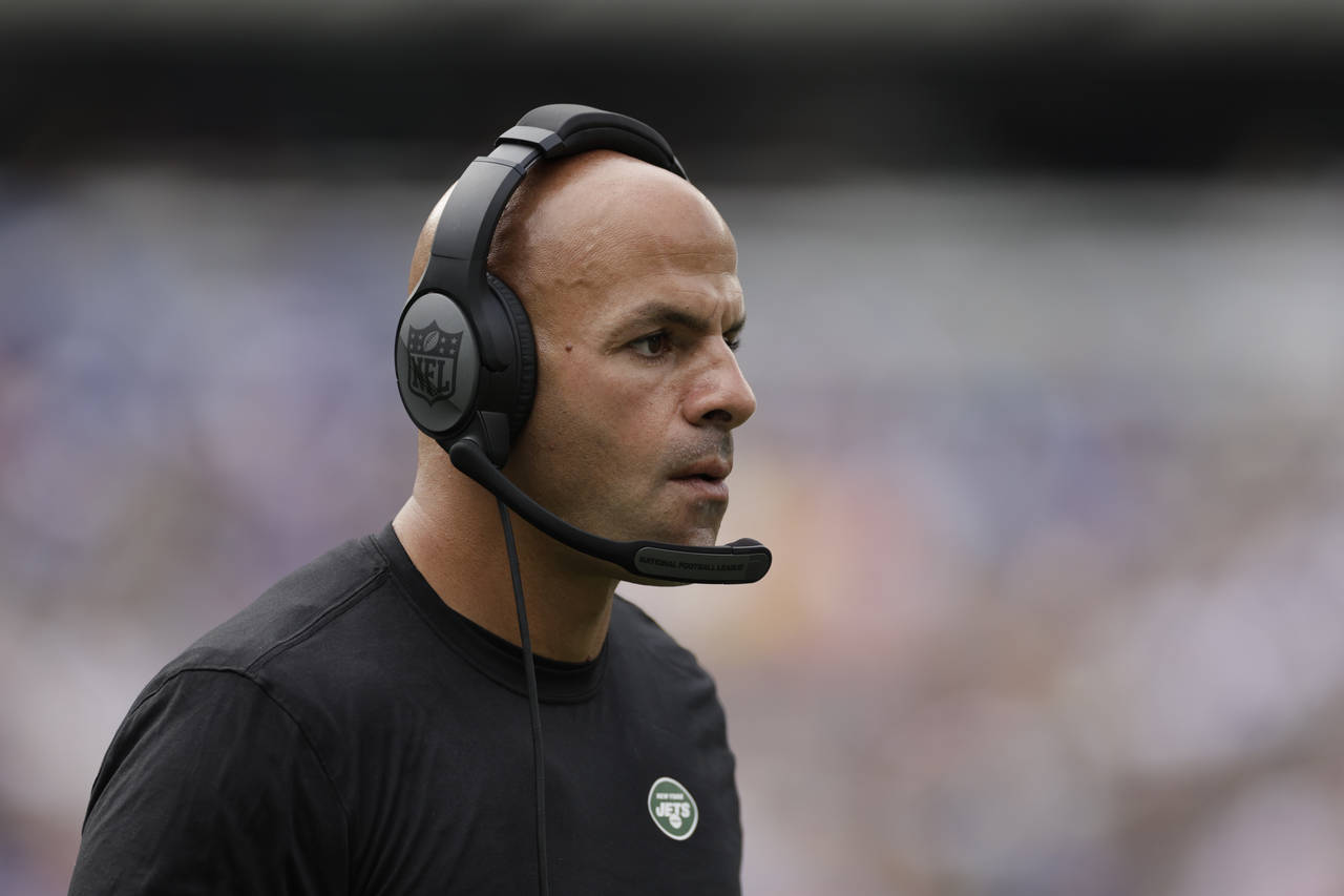 FILE - New York Jets head coach Robert Saleh works the sidelines in the first half of a preseason N...
