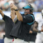 
              Jacksonville Jaguars head coach Doug Pederson gestures toward players during the second half of his team's NFL football game against the Los Angeles Chargers in Inglewood, Calif., Sunday, Sept. 25, 2022. (AP Photo/Marcio Jose Sanchez)
            