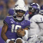 
              TCU quarterback Sam Jackson (16) yells after scoring a touchdown during the first half of an NCAA college football game against Tarleton State in Fort Worth, Texas, Saturday, Sept. 10, 2022. (AP Photo/LM Otero)
            