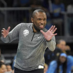 
              Chicago Sky head coach James Wade gestures toward a referee during the second half of Game 5 in a WNBA basketball playoff semifinal against the Connecticut Sun Thursday, Sept. 8, 2022, in Chicago. The Sun won 72-63. (AP Photo/Charles Rex Arbogast)
            