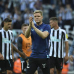 
              Newcastle's head coach Eddie Howe applauds after the English Premier League soccer match between Newcastle United and Manchester City at St James Park in Newcastle, England, Sunday, Aug.21, 2022. (AP Photo/Rui Vieira)
            