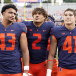 
              Illinois defensive back Matthew Bailey (2) sings the school's alma mater with teammates Griffin Moore (43) and James Kreutz after an NCAA college football game against Virginia Saturday, Sept. 10, 2022, in Champaign, Ill. Illinois won 24-3. (AP Photo/Charles Rex Arbogast)
            