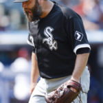 
              Chicago White Sox starting pitcher Lance Lynn reacts after getting the last out of the second inning against the Cleveland Guardians in a baseball game, Thursday, Sept. 15, 2022, in Cleveland. (AP Photo/Ron Schwane)
            
