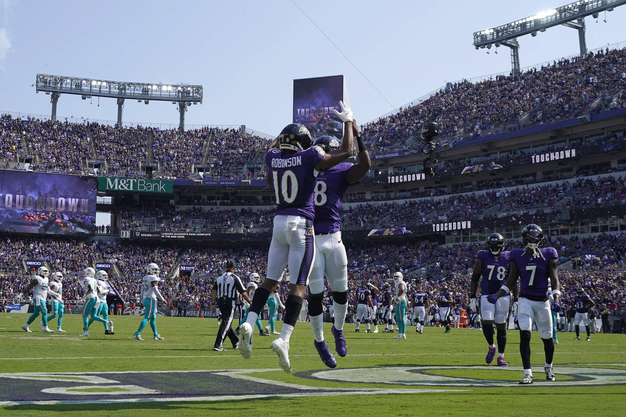 Baltimore Ravens wide receiver Demarcus Robinson runs a route during the  first half of an NFL football game between the Baltimore Ravens and the  Buffalo Bills, Sunday, Oct. 2, 2022, in Baltimore. (