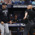 
              Home plate umpire Vic Carapazza, right, ejects New York Yankees manager Aaron Boone, left, from a baseball game against the Tampa Bay Rays during the fifth inning Sunday, Sept. 4, 2022, in St. Petersburg, Fla. (AP Photo/Scott Audette)
            