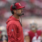 
              San Francisco 49ers head coach Kyle Shanahan watches from the sideline during the second half of an NFL football game against the San Francisco 49ers in Santa Clara, Calif., Sunday, Sept. 18, 2022. (AP Photo/Tony Avelar)
            