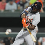 
              Detroit Tigers' Akil Baddoo hits a two-run home run against the Baltimore Orioles during the third inning of a baseball game Tuesday, Sept. 20, 2022, in Baltimore. (AP Photo/Jess Rapfogel)
            